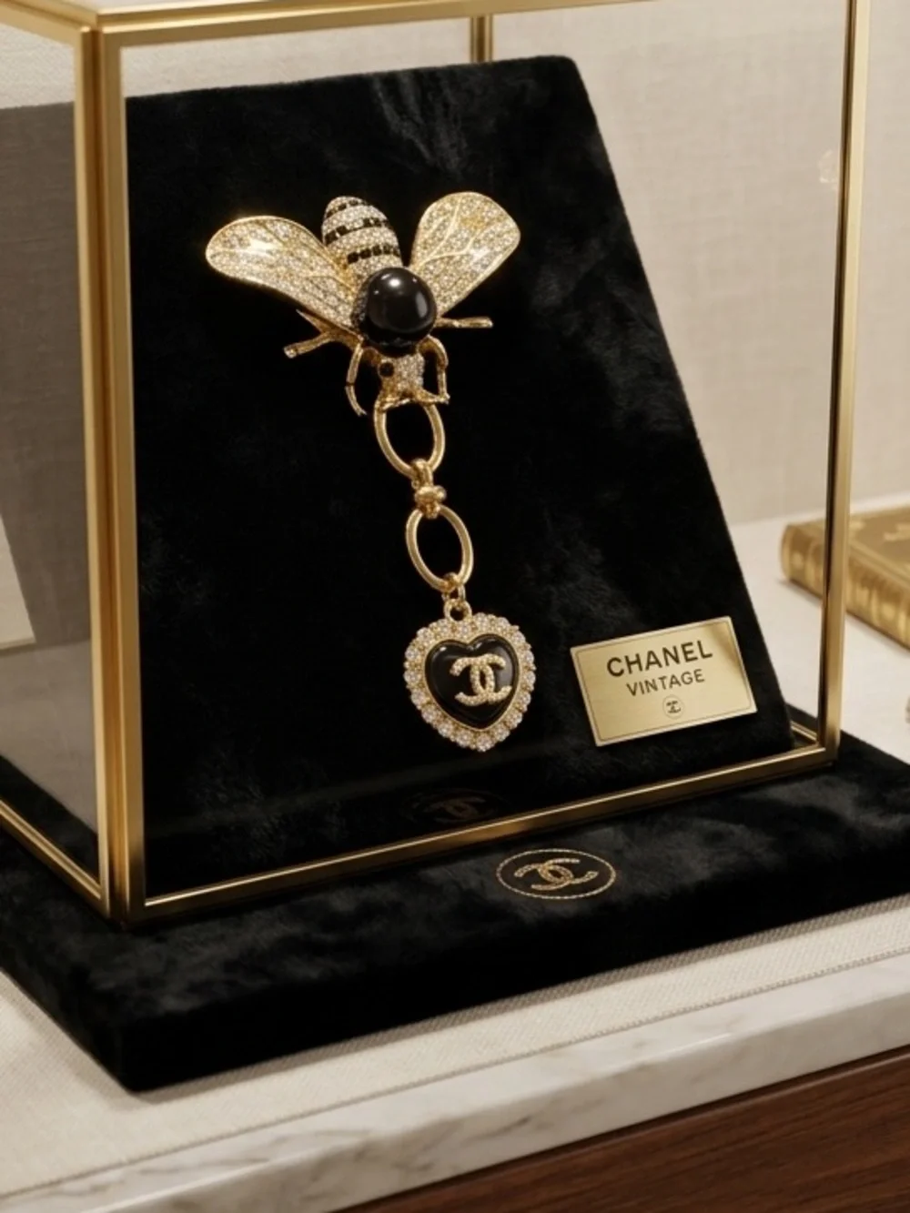 Gold Bee Brooch with Black Enamel Heart and Crystal Accents